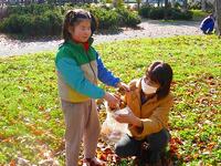 生活の学習にて公園で落ち葉拾いをしている様子